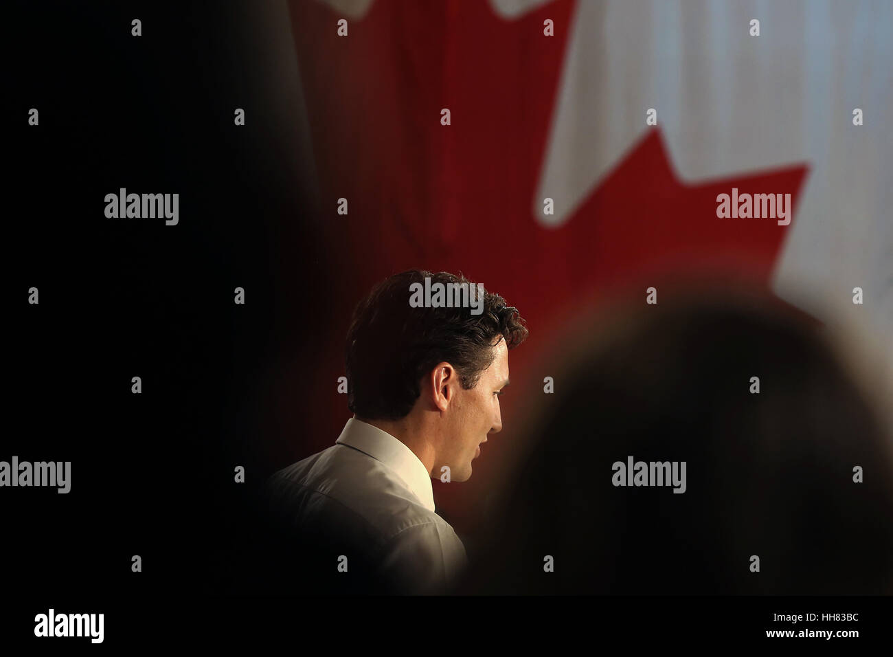 Kingston, Canada. 12th January, 2017. Prime Minister Justin Trudeau speaks during a town hall meeting at the Memorial hall at city hall in Kingston, Ontario. Credit: Lars Hagberg/Alamy Live News Stock Photo