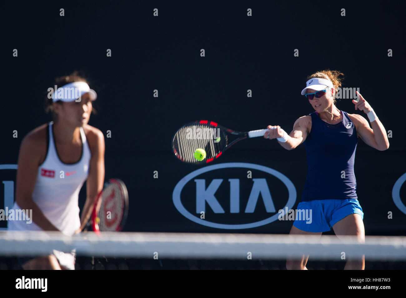 Melbourne, Australia. 18th Jan, 2017. Samantha Stosur (R) of Australia and Zhang Shuai of China compete during the women's doubles first round match against Kimberly Birrell and Priscilla Hon of Australia at the Australian Open Tennis Championships in Melbourne, Australia, Jan. 18, 2017. Stosur and Zhang won 2-1. Credit: Bai Xue/Xinhua/Alamy Live News Stock Photo