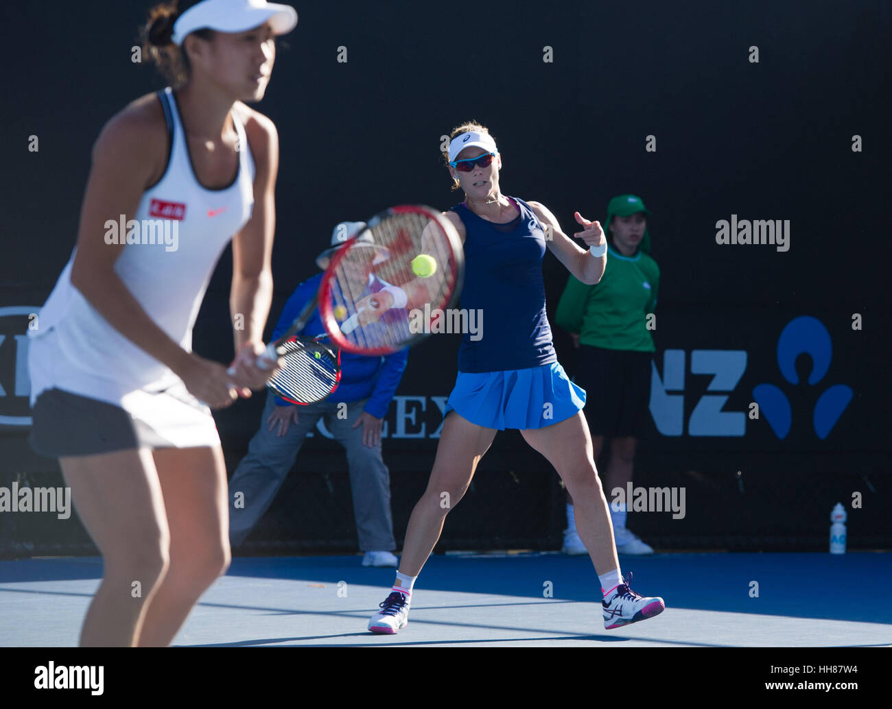 Melbourne, Australia. 18th Jan, 2017. Samantha Stosur (R) of Australia and Zhang Shuai of China compete during the women's doubles first round match against Kimberly Birrell and Priscilla Hon of Australia at the Australian Open Tennis Championships in Melbourne, Australia, Jan. 18, 2017. Stosur and Zhang won 2-1. Credit: Bai Xue/Xinhua/Alamy Live News Stock Photo