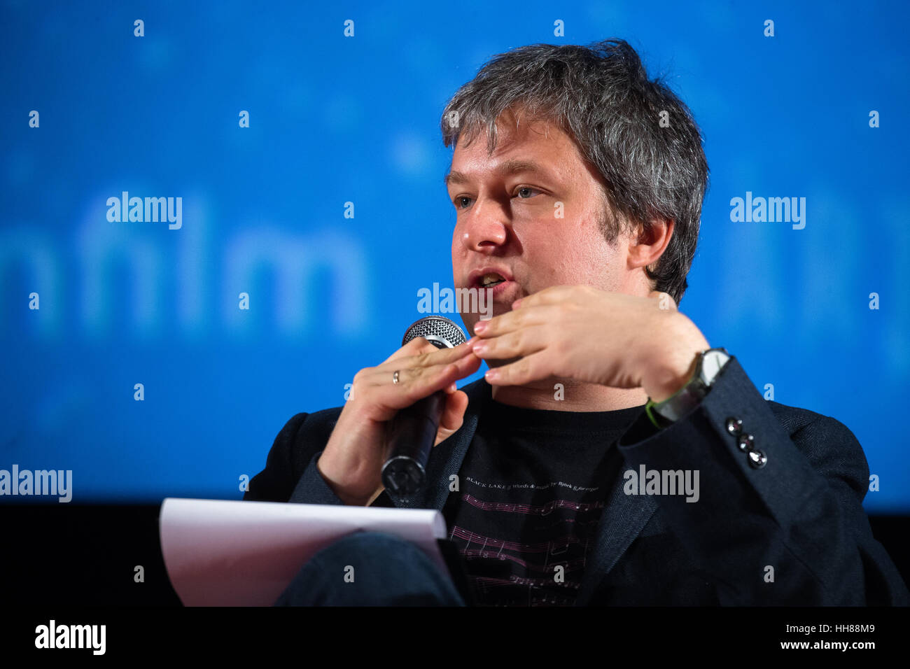 Moscow, Russia. 17th Jan, 2017. Film critic Anton Dolin at the lecture 'The attraction: Under the sign of secrecy' in the cinema 'October'. Credit: Victor Vytolskiy/Alamy Live News Stock Photo