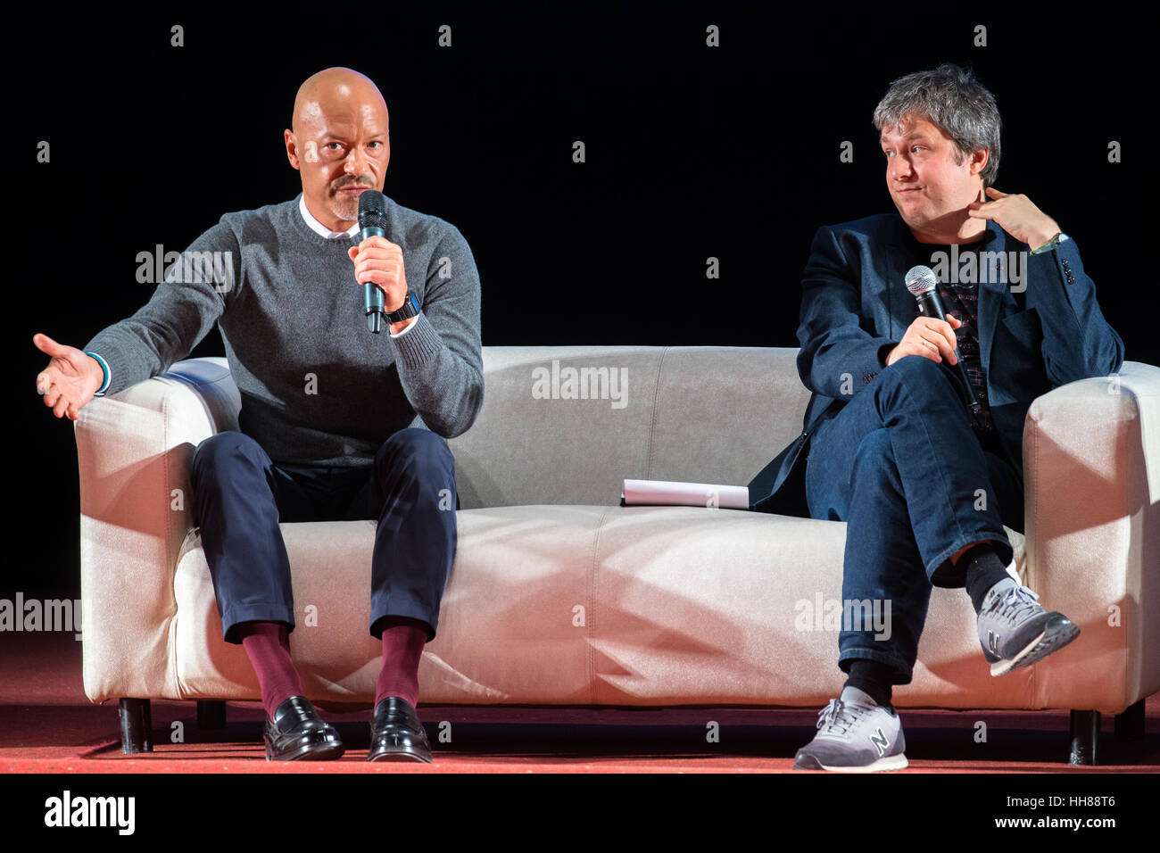 Moscow, Russia. 17th Jan, 2017. Film director Fyodor Bondarchuk(left) and film critic Anton Dolin(right) at the lecture 'The attraction: Under the sign of secrecy' in the cinema 'October'. Credit: Victor Vytolskiy/Alamy Live News Stock Photo