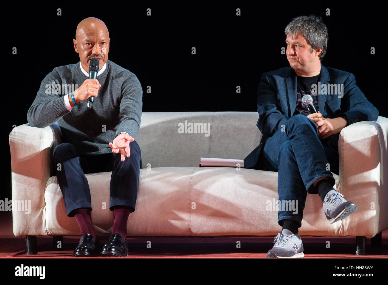 Moscow, Russia. 17th Jan, 2017. Film director Fyodor Bondarchuk(left) and film critic Anton Dolin(right) at the lecture 'The attraction: Under the sign of secrecy' in the cinema 'October'. Credit: Victor Vytolskiy/Alamy Live News Stock Photo