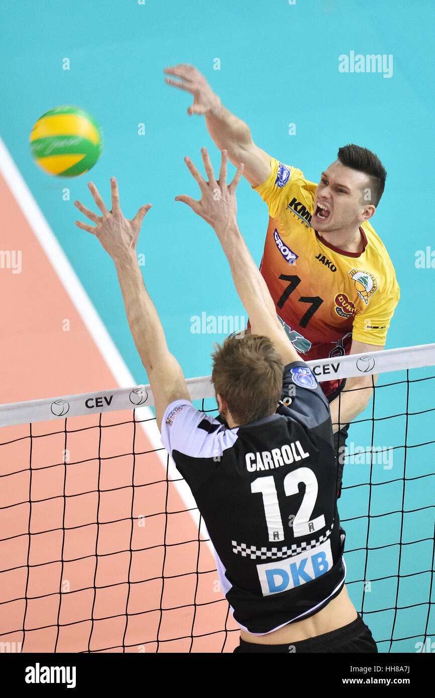 Liberec, Czech Republic. 18th Jan, 2017. From left PAUL CARROLL of Berlin Recycling Volleys and SLAWOMIR STOCL of Dukla Liberec in action during the Men's Volleyball Champions' League 3rd round B group match: Dukla Liberec vs Berlin in Liberec, Czech Republic, January 18, 2017. Credit: Radek Petrasek/CTK Photo/Alamy Live News Stock Photo