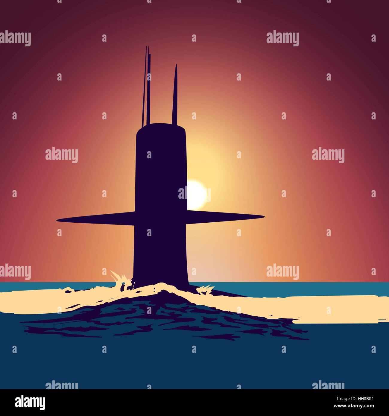 Military submarine silhouette on the background of a sunset Stock Vector