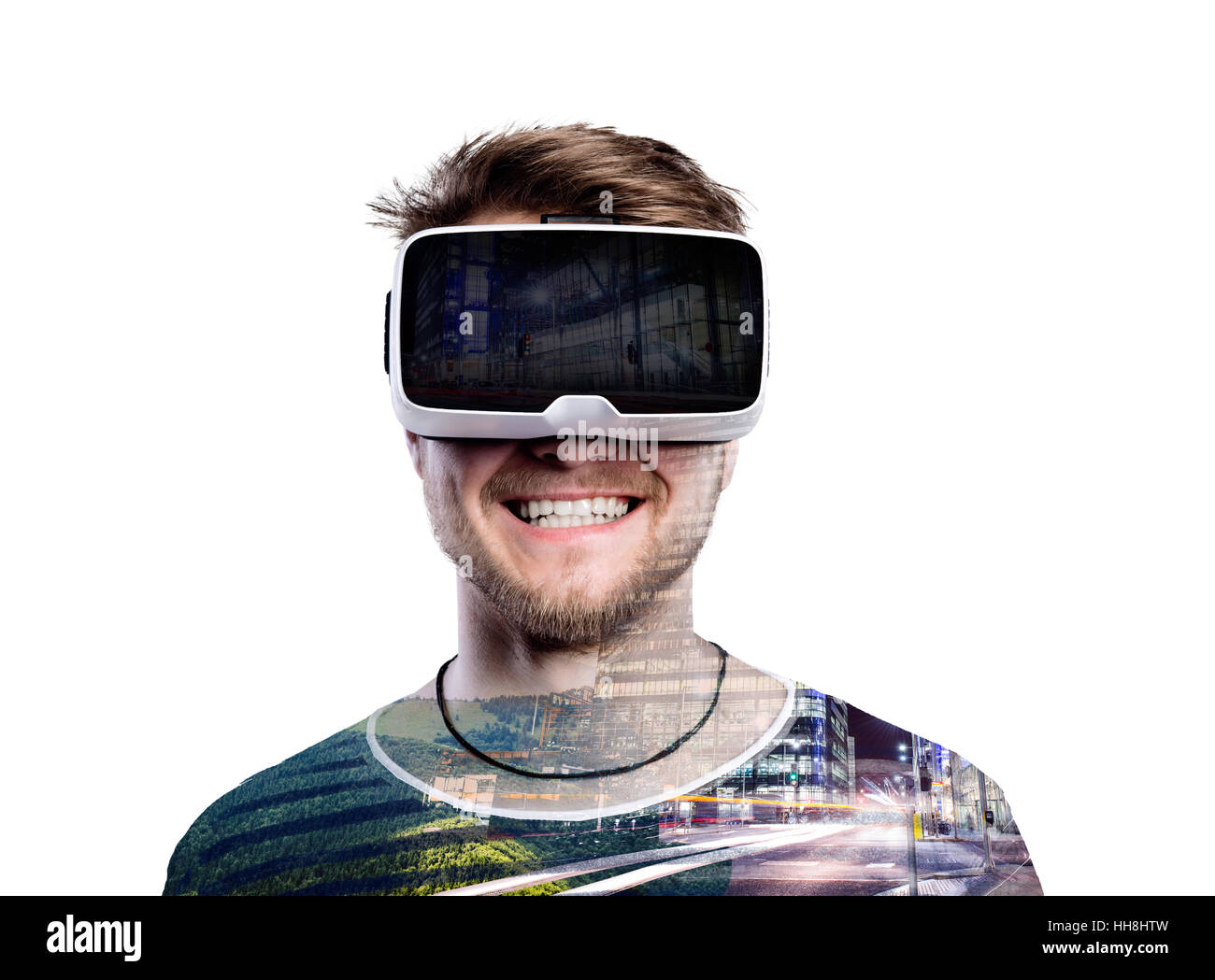 Double exposure. Man wearing virtual reality goggles. Night city Stock ...