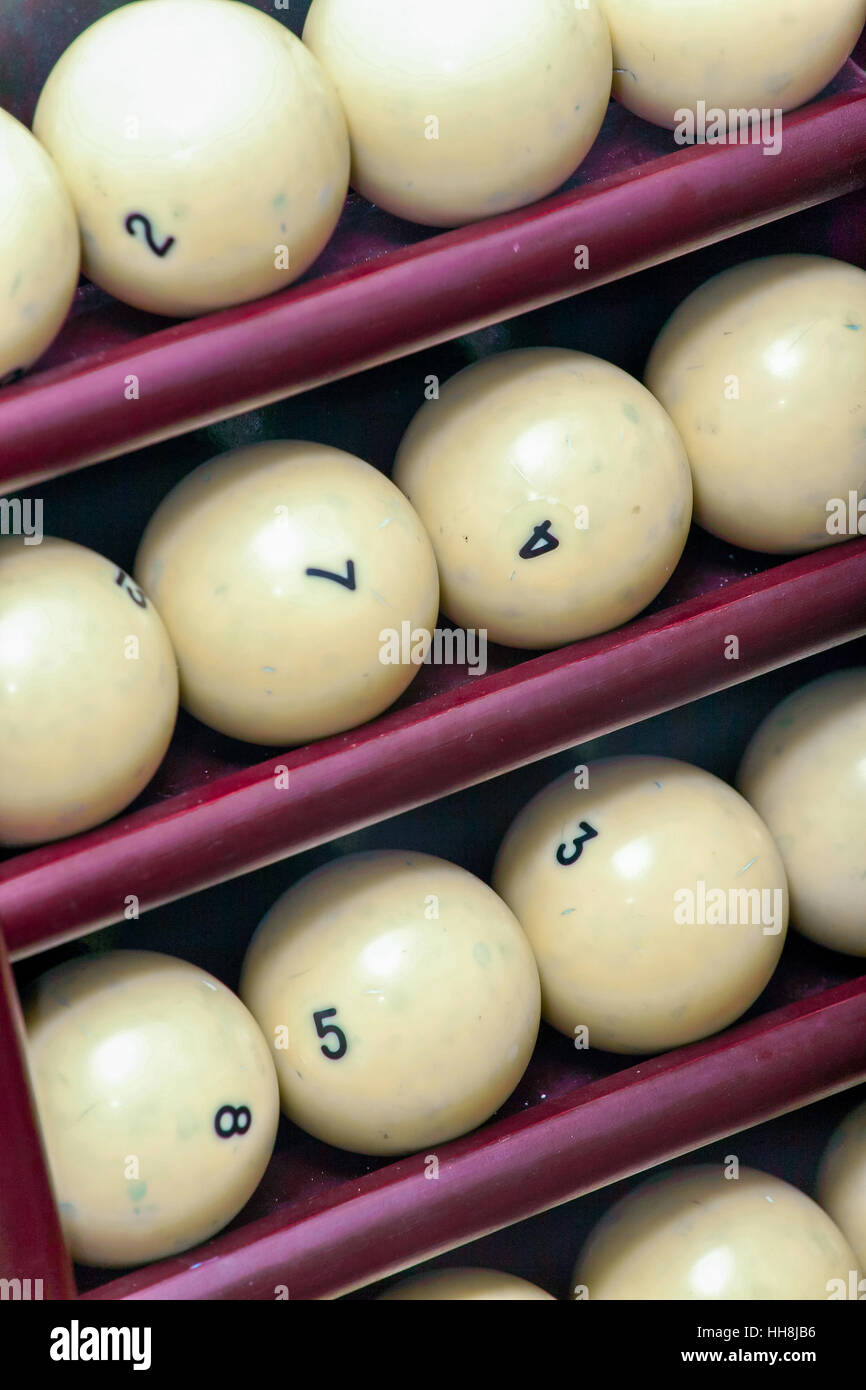 Billiard balls made of ivory on a wooden stock with numbers Stock Photo
