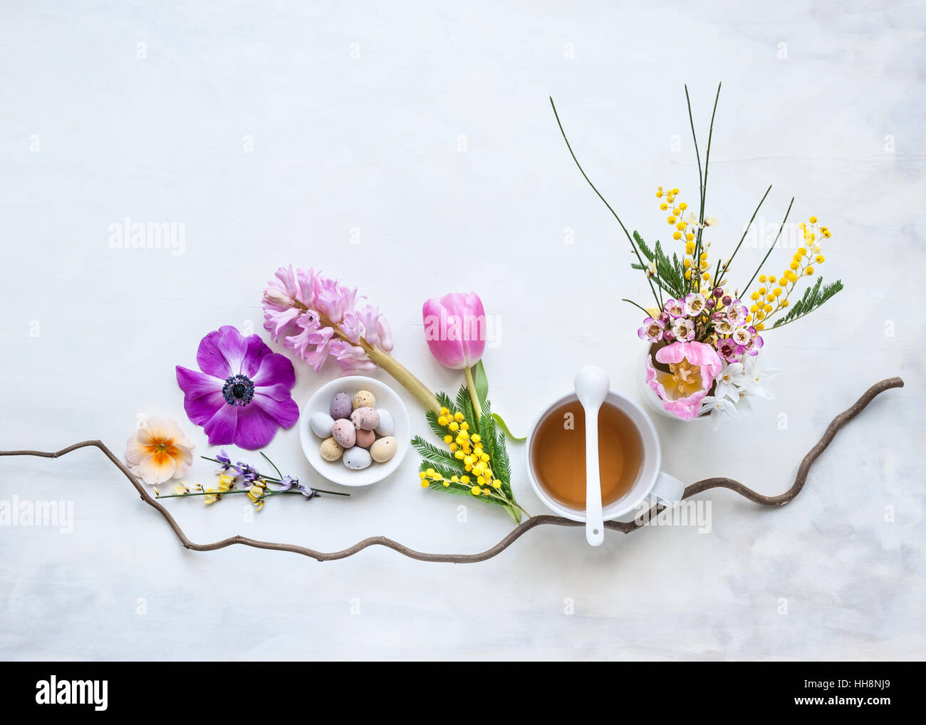 flat lay with spring flowers laid out on white and gray painted backdrop in natural light Stock Photo