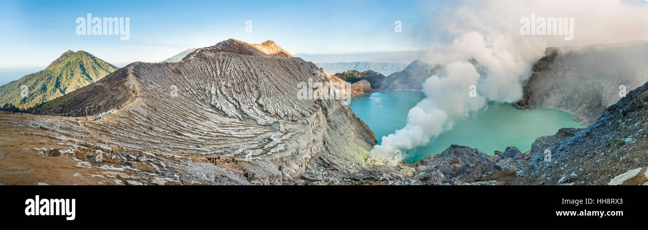 Volcano Kawah Ijen, volcanic craters with crater lake and steaming vents, morning light, Banyuwangi, Sempol, Eastern Java Stock Photo