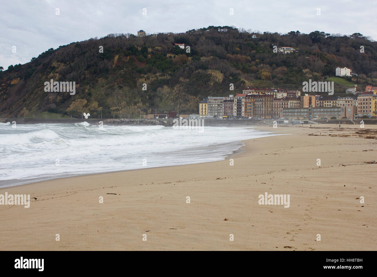 Donostia beach shore covered with waves. (Guipuzcoa, Basque country, Spain). Stock Photo