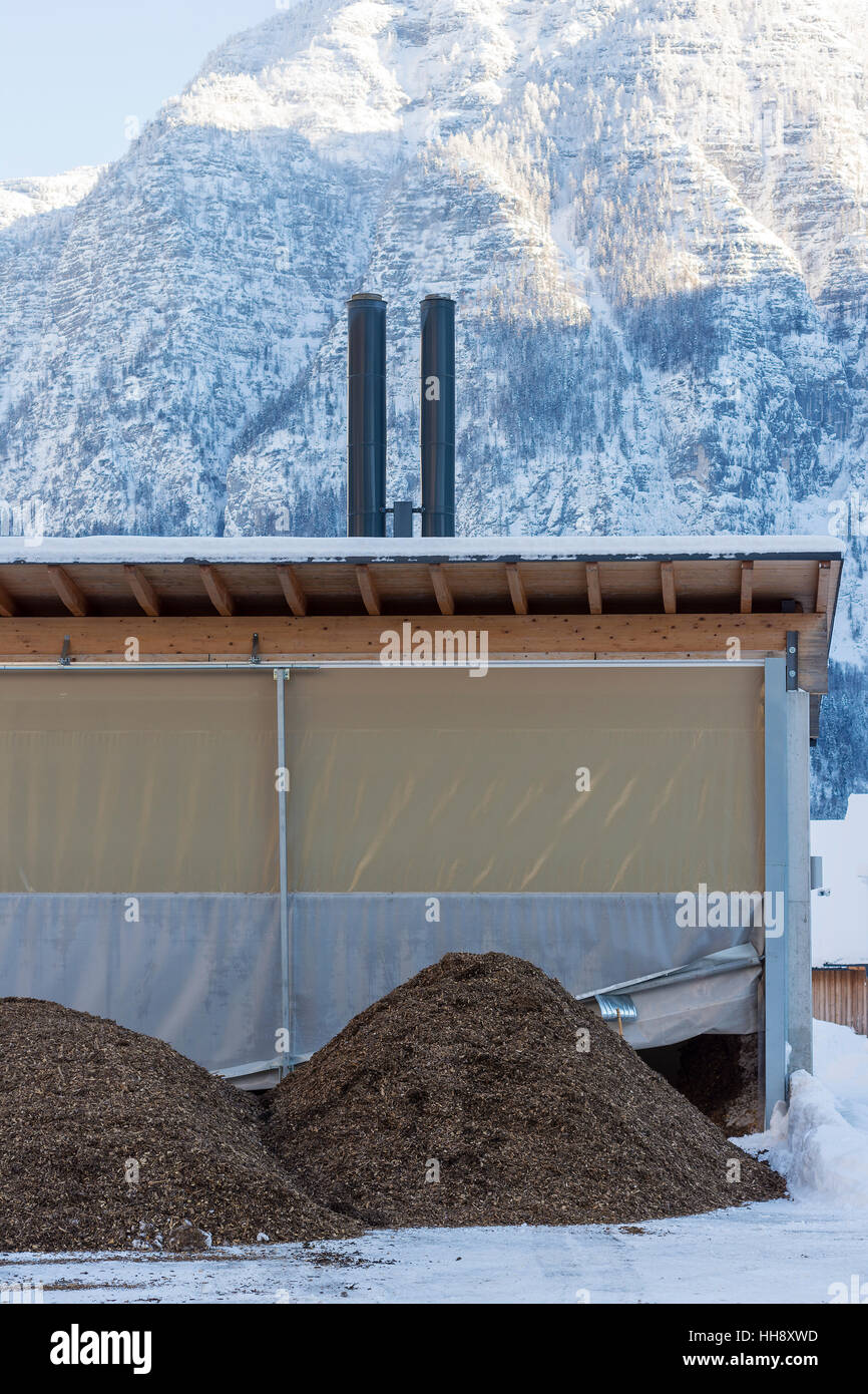 Pile of Wood Chip Biofuel in Front of Small Heating Power Plant in ...