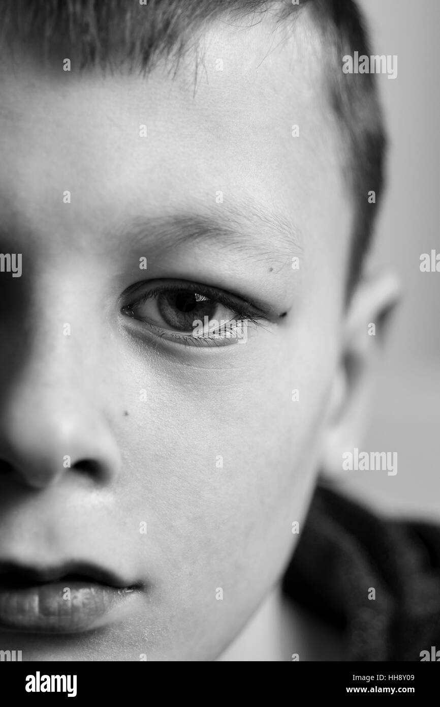 Sad Boy. Teenager with Sad Expression Face Close Up. Depression, Loneliness and Stress Concept. Stock Photo