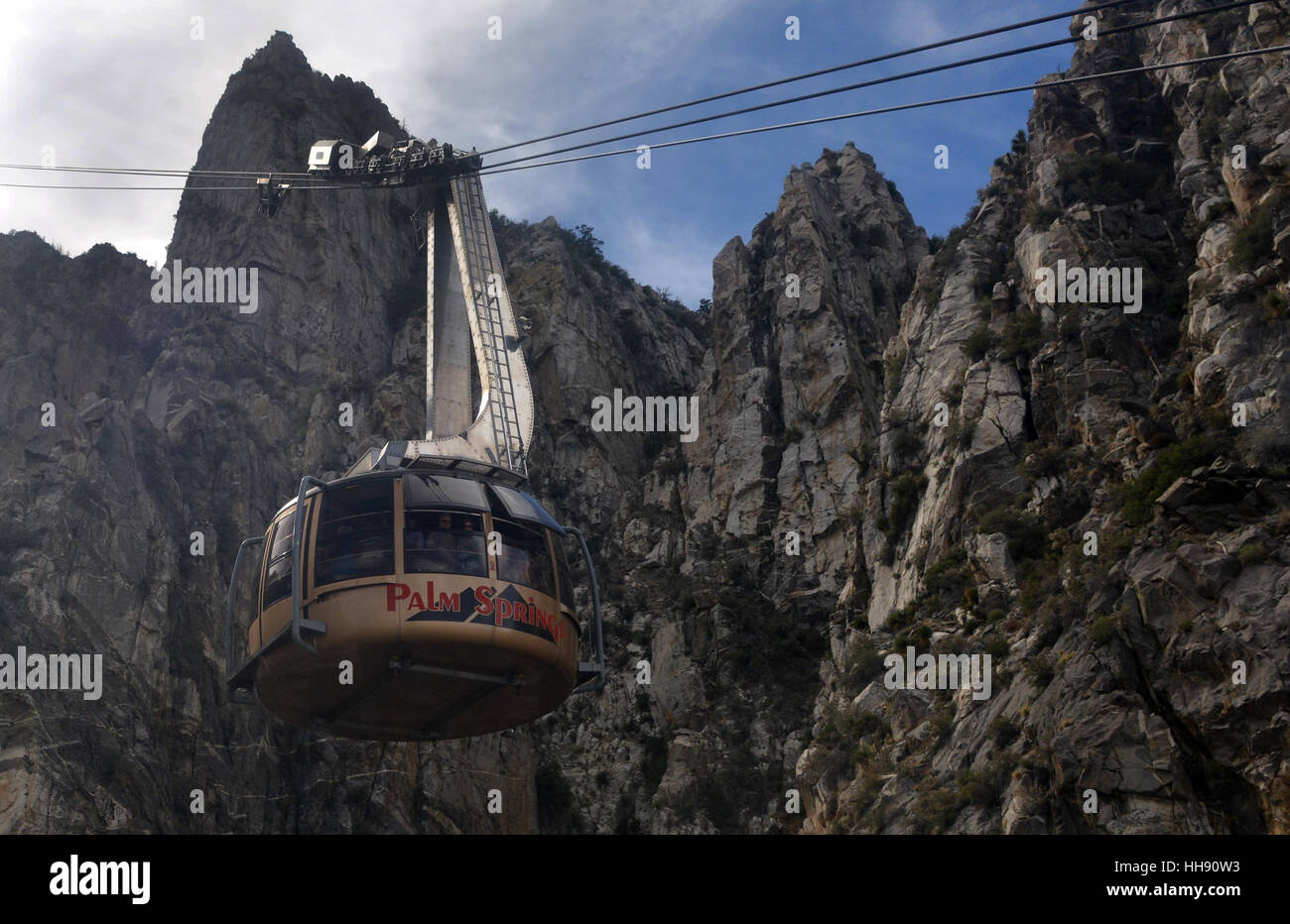 The Palm Springs Aerial Tramway car on its' way to the summit station at Mount San Jacinto. Stock Photo