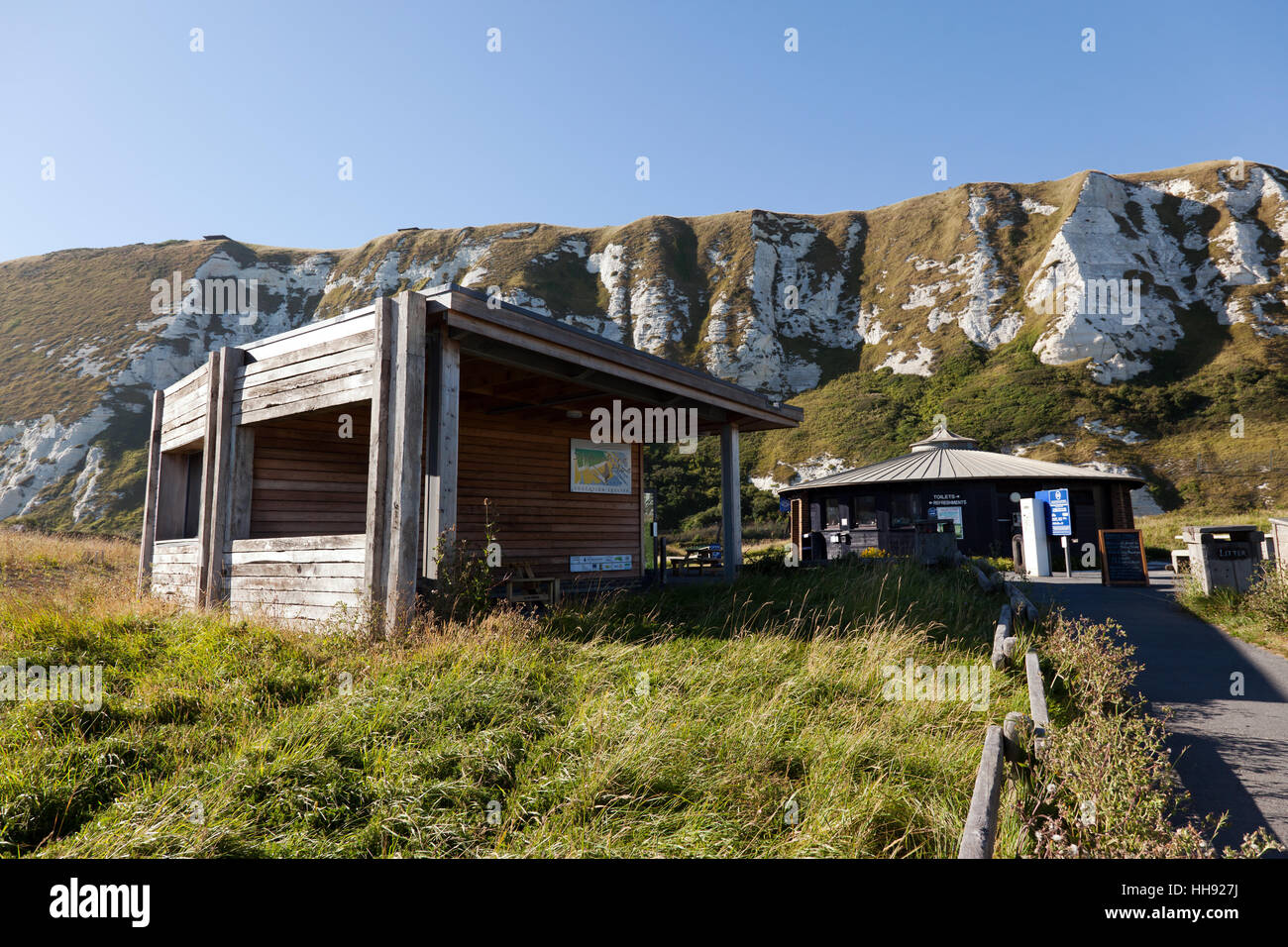 Wide-Angle image of the  Educational Shelter and Café below the cliffs at Samphire Hoe. Stock Photo