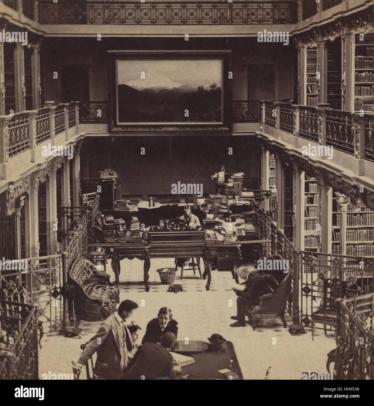 Library of Congress interior view with reading room and stacks in the U.S. Capitol building, c1866. (Photo by G.D. Wakely) Stock Photo