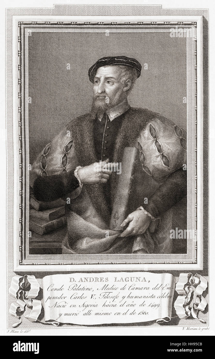 Andrés Laguna de Segovia, 1499–1559.  Spanish humanist physician, pharmacologist, and botanist.  After an etching in Retratos de Los Españoles Ilustres, published Madrid, 1791 Stock Photo