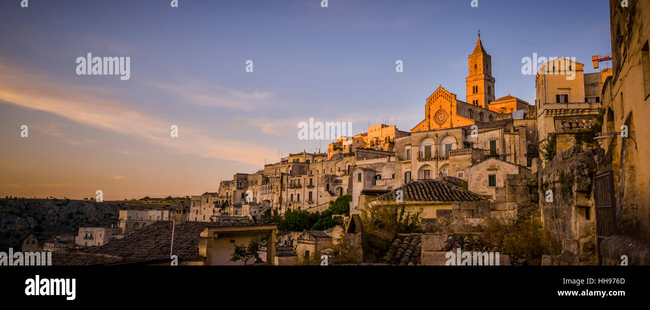 sunset lights the curch in Matera, Italy Stock Photo
