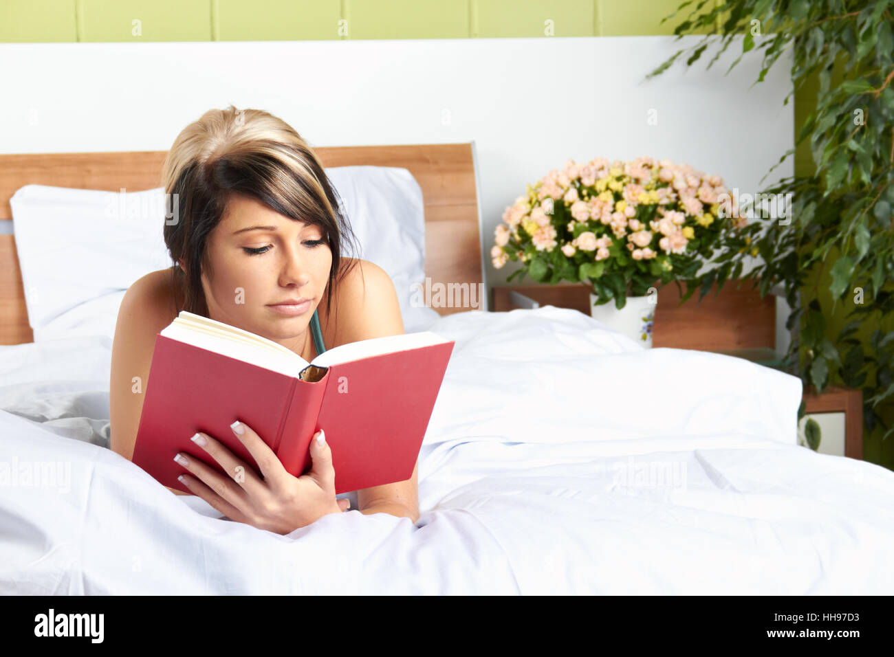 woman, bed, human, human being, person, bedroom, scanning, reads, book, girl, Stock Photo