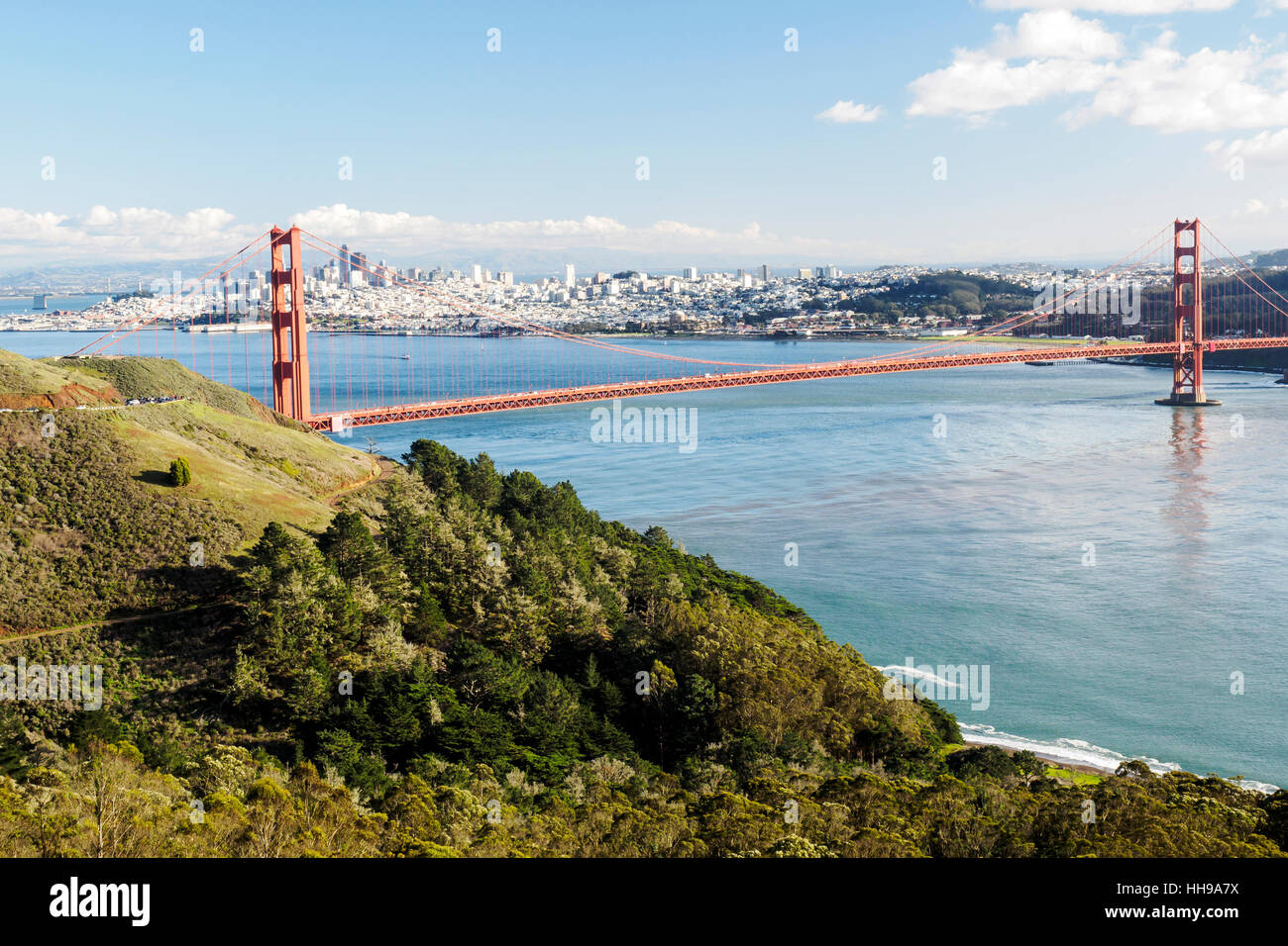 Classic view of the Golden Gate Bridge, San Francisco and San Francisco bay from  Conzelman Road viewpoints. Stock Photo