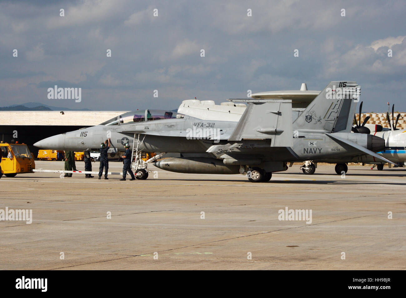 US Navy F/A-18F Super Hornet from VFA-32 at the 100-years-Aeronavale airshow on Hyeres airbase. Stock Photo