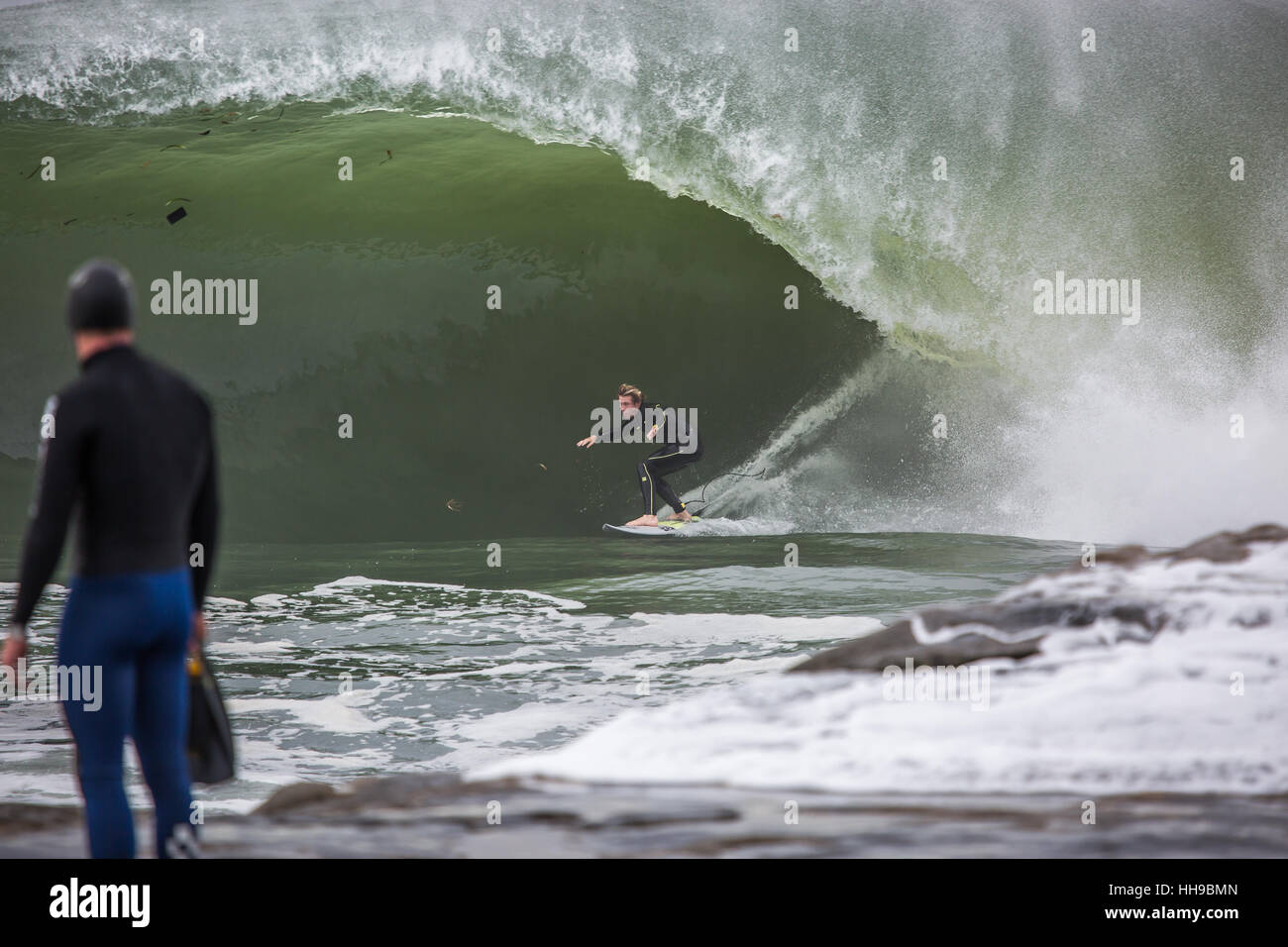 Pro surfer Riley Laing surfing in the Red Bull Cape Fear big wave surfing contest in Sydney, Australia Stock Photo