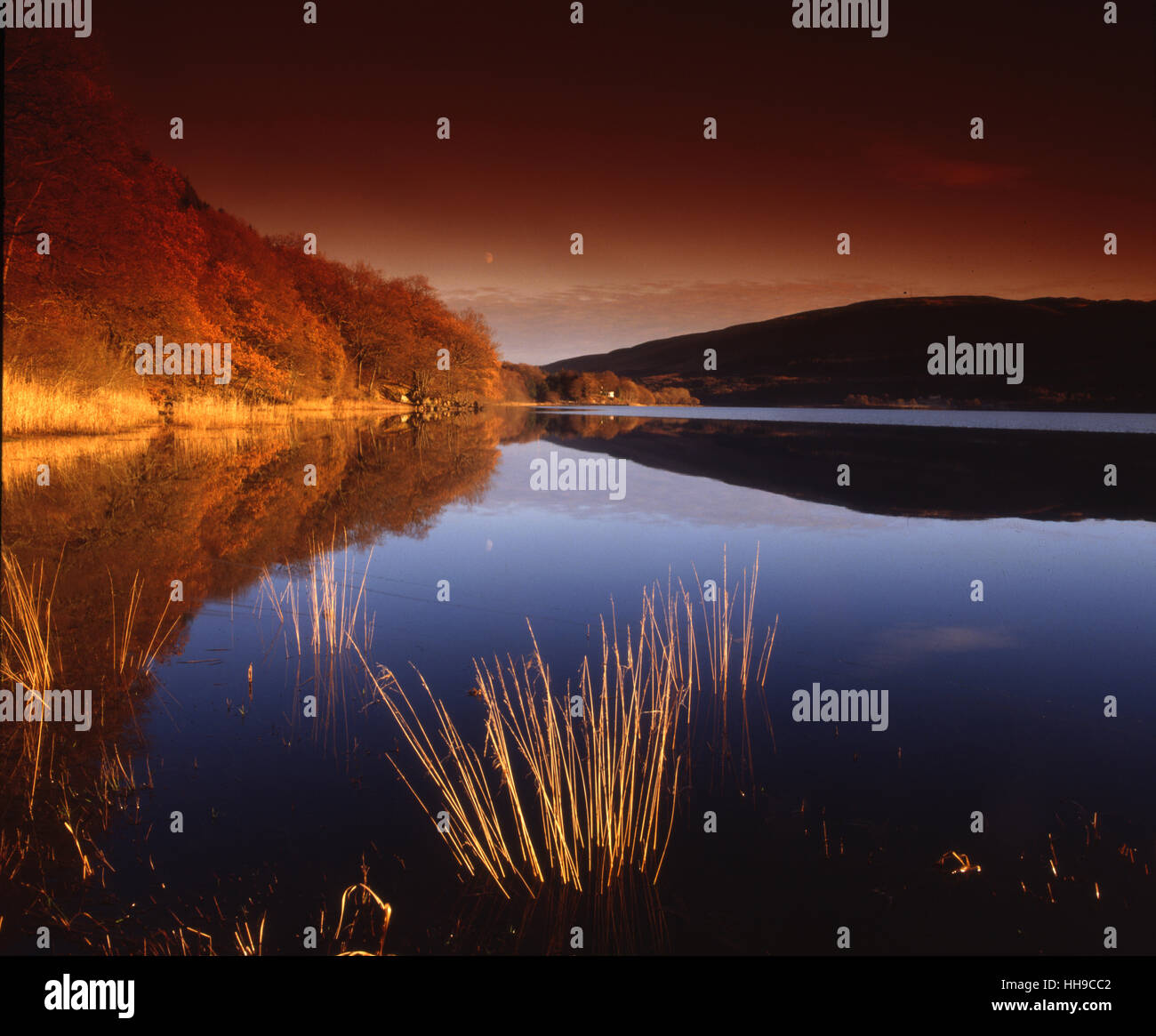 Peaceful reflections on Loch Venachar, Trossachs. Stock Photo