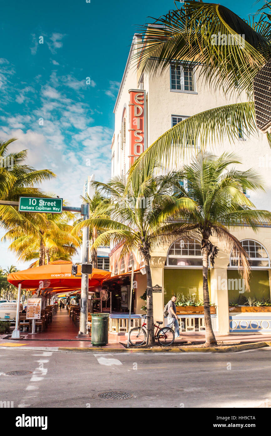 View along the famous vacation and tourist location on Ocean Drive in the Art Deco district of South Beach, Miami on a sunny day Stock Photo