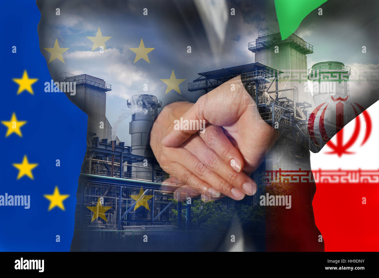 Double exposure of handshake, Power Reactor, flag of European Union and flag of Iran Stock Photo