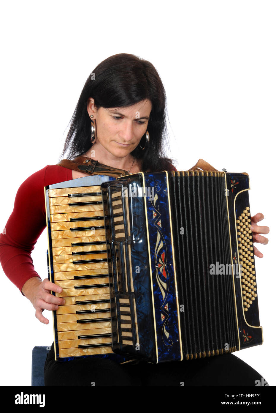 woman, make, music, isolated, accordion, woman, make, blue, keyboard, macro, Stock Photo