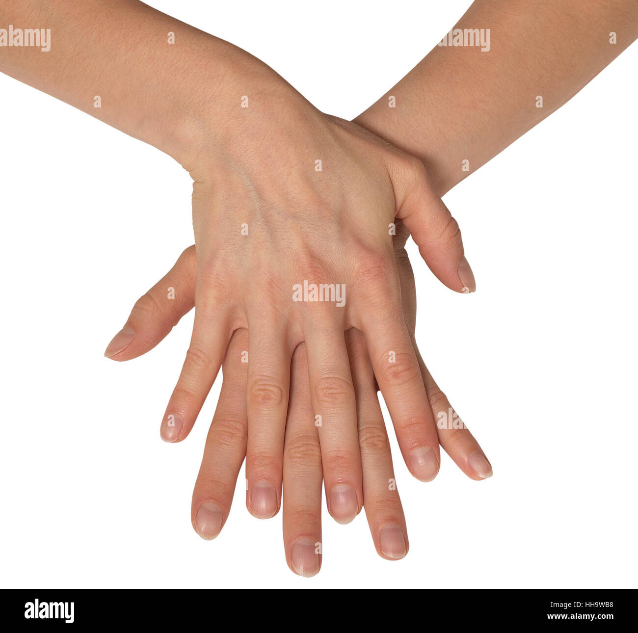 relaxed feminine hands into each other, cutout with clipping path Stock Photo