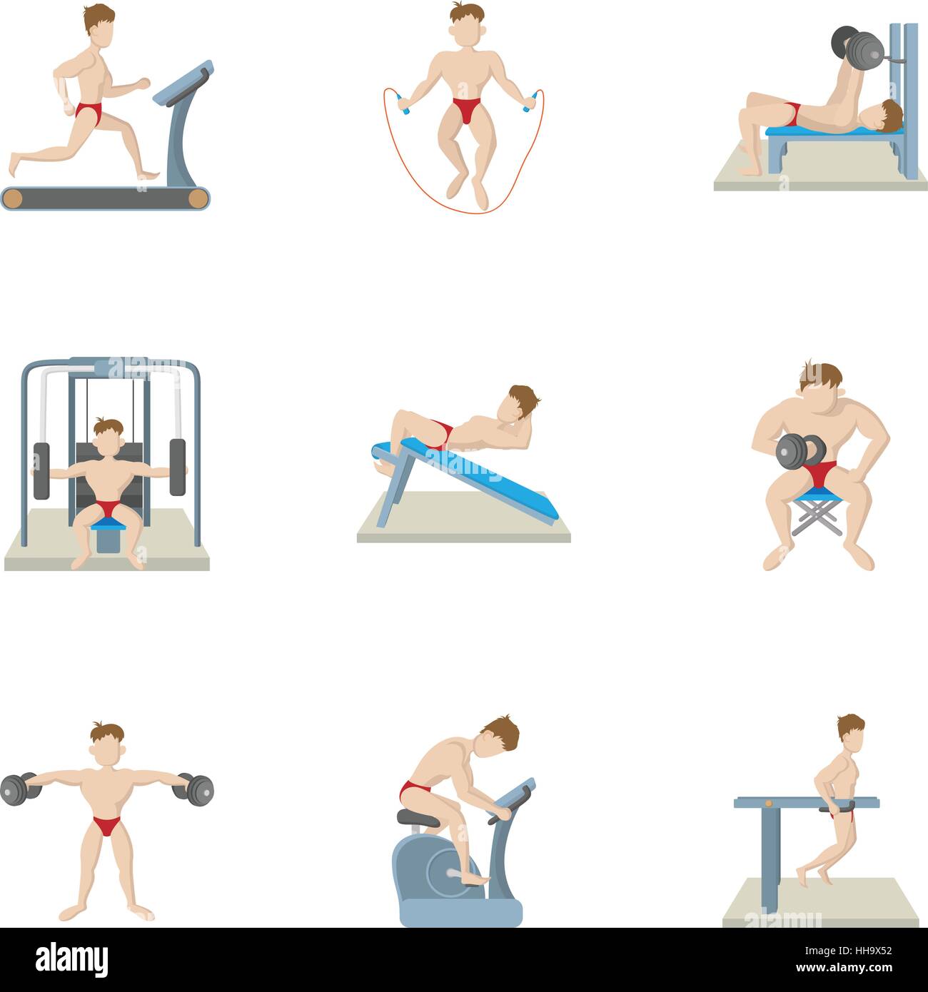 Types of exercises in gym icons set cartoon style Stock Vector Image Art Alamy