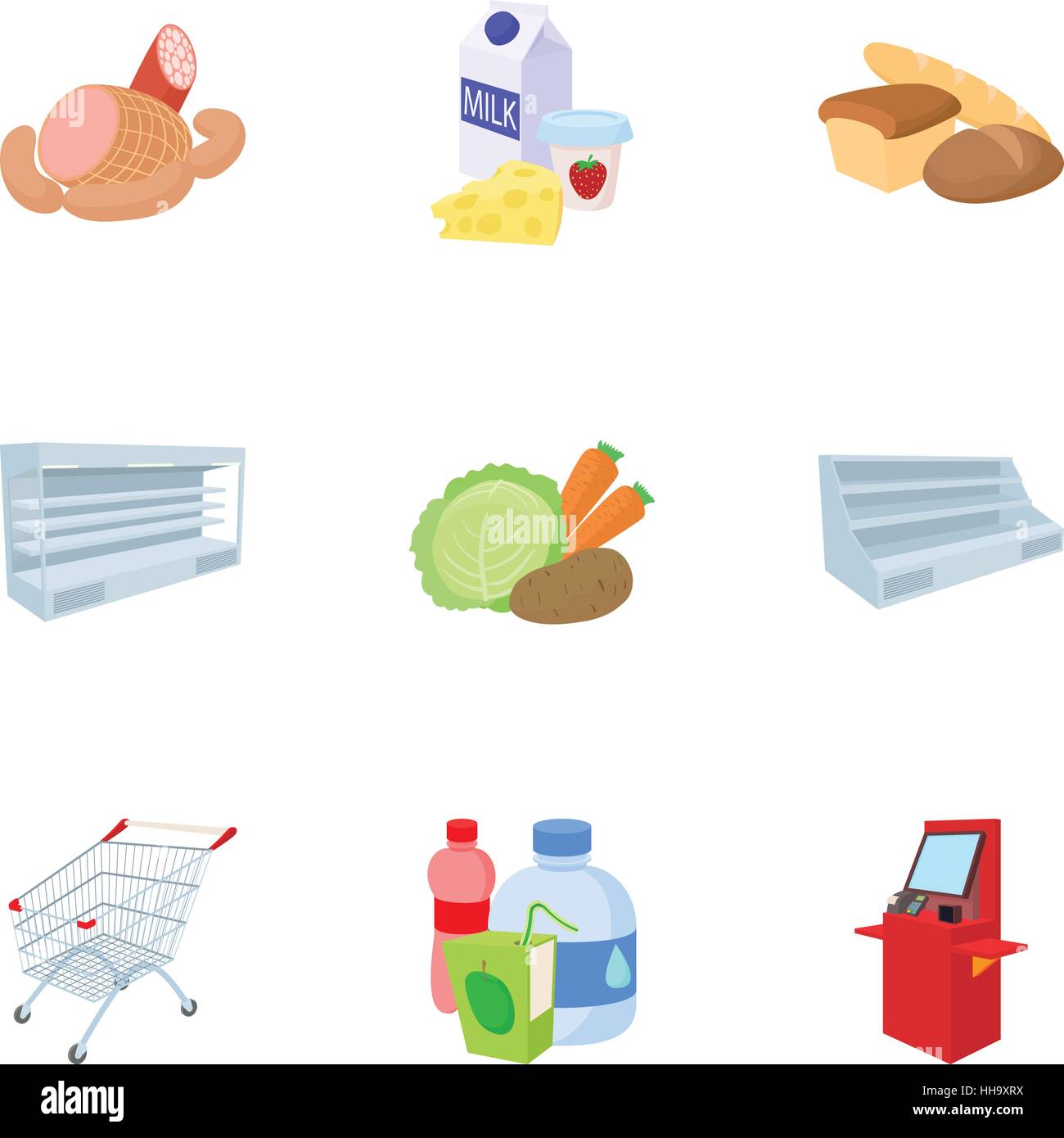 Buying products in store icons set, cartoon style Stock Vector