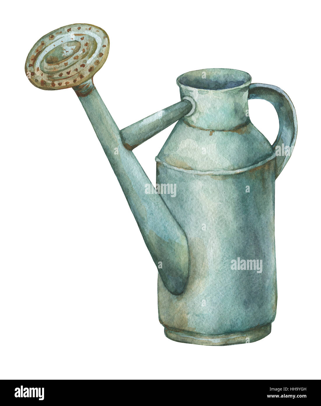 Gardening tools rusty tin watering can for watering flowers. Hand drawn watercolor painting on white background. Stock Photo