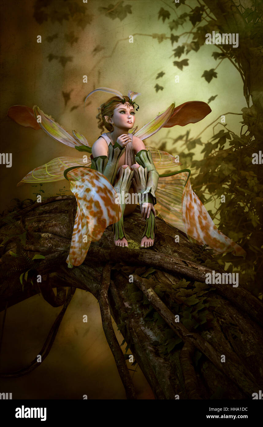 3D computer graphics of a fairy with butterfly wings sitting on a tree trunk Stock Photo