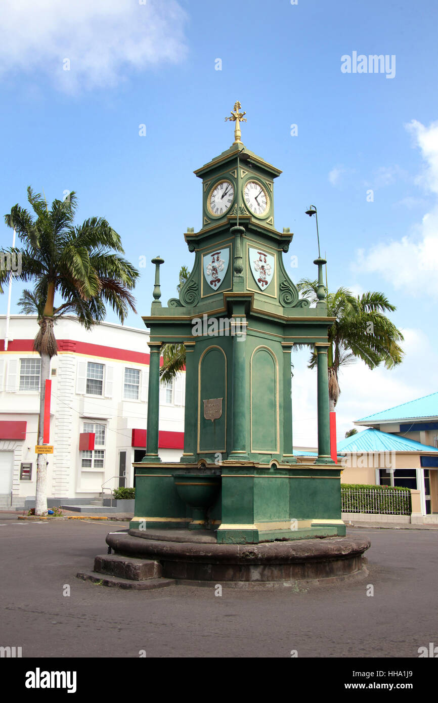 The Berkeley Memorial Clock on the circus roundabout in the center of town, Basseterre, St. Kitts, West Indies Stock Photo