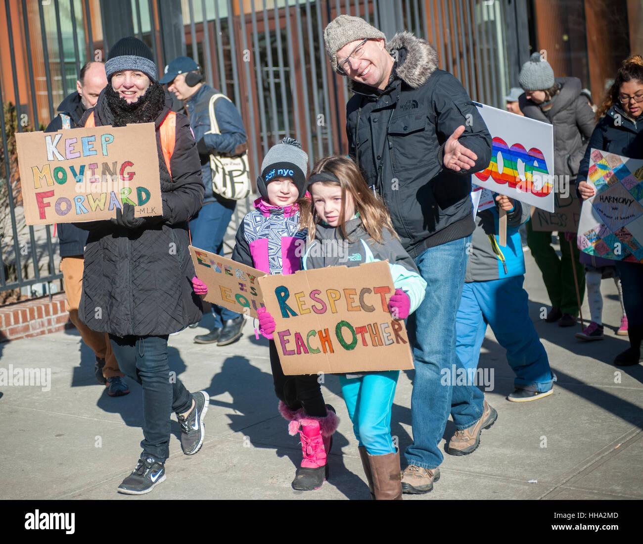 Students from the Manhattan Country School with their families and friends participate in their 29th Annual Martin Luther King Jr. Commemorative Walk in New York, organized by the 8th Grade students, on Monday, January 16, 2017.  The walkers honored the memory of King in their march through the Morningside Heights and Harlem stopping at various sites to read speeches and letters written by students.  (© Richard B. Levine) Stock Photo