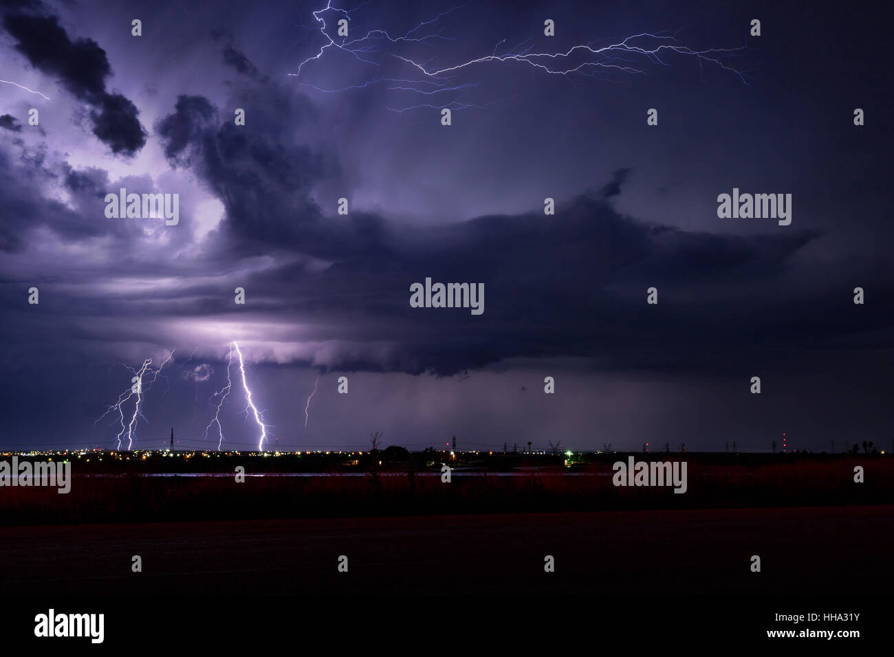 Lightning filled sky during a summer thunderstorm in Snyder, Texas Stock Photo