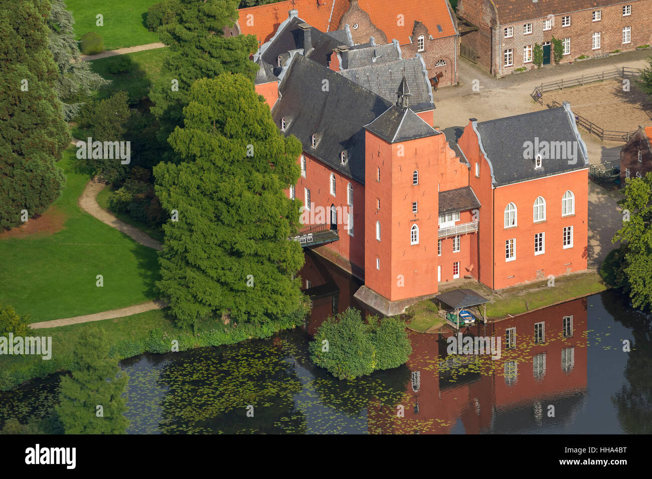 Castle Bloemersheim, moat, Neukirchen, Lower Rhine, North Rhine-Westphalia, Germany, Europe, Aerial view, birds-eyes view,aerial Stock Photo