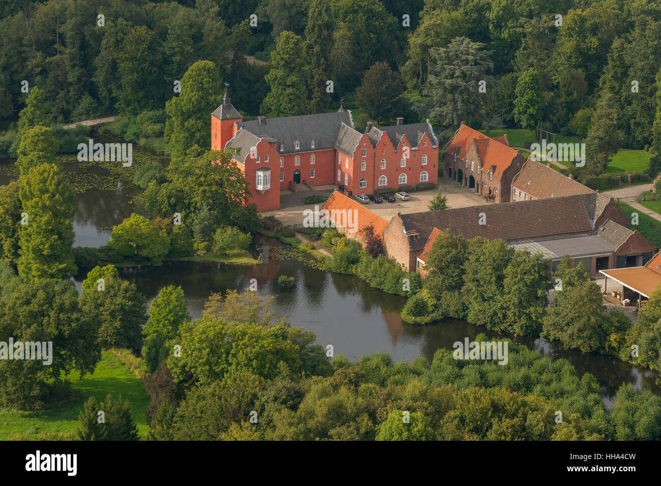 Castle Bloemersheim, moat, Neukirchen, Lower Rhine, North Rhine-Westphalia, Germany, Europe, Aerial view, birds-eyes view,aerial Stock Photo