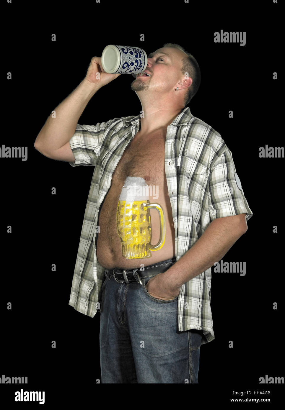 drinking man with beer belly Stock Photo