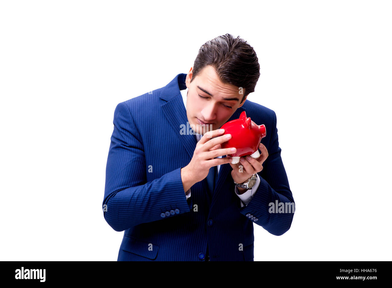 Handsome businessman with piggybank isolated on white Stock Photo - Alamy