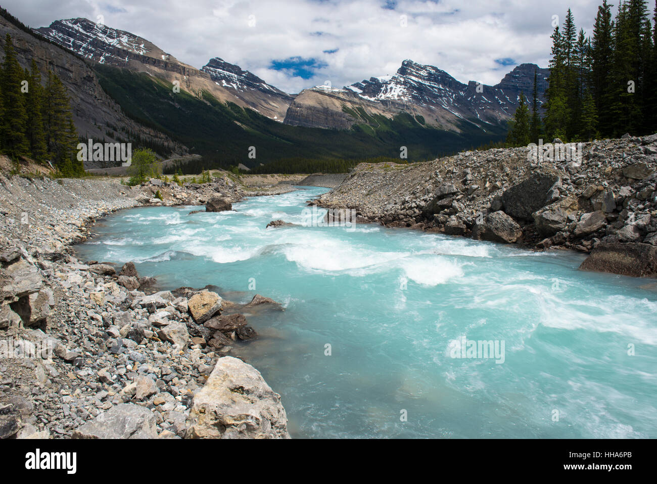 Glacial melt feeding the Athabasca River; Icefield Parkway and Columbia Icefield in Jasper National Park, Alberta, Canada Stock Photo