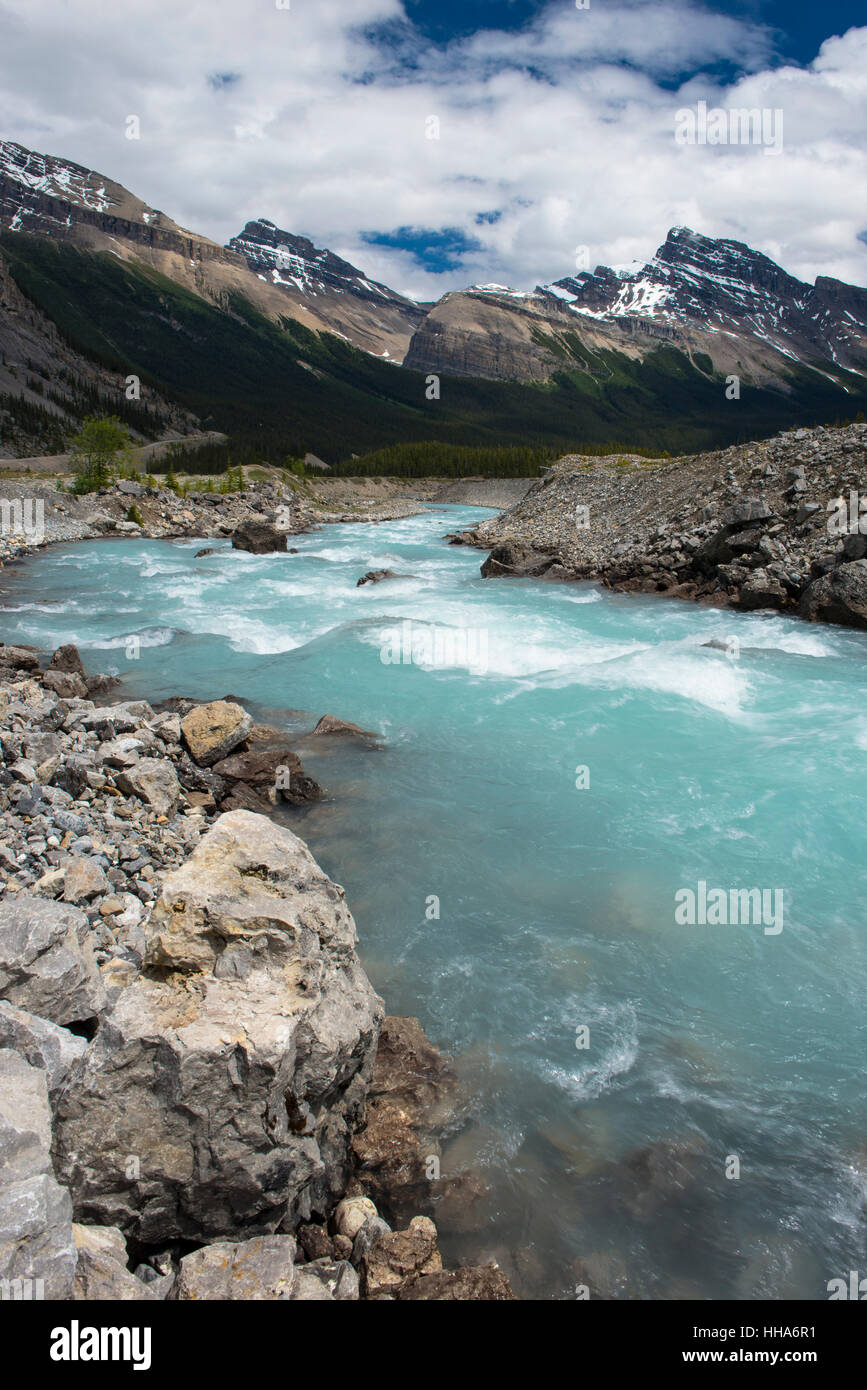 Glacial melt feeding the Athabasca River, Icefield Parkway and Columbia Icefield in Jasper National Park, Alberta, Canada Stock Photo