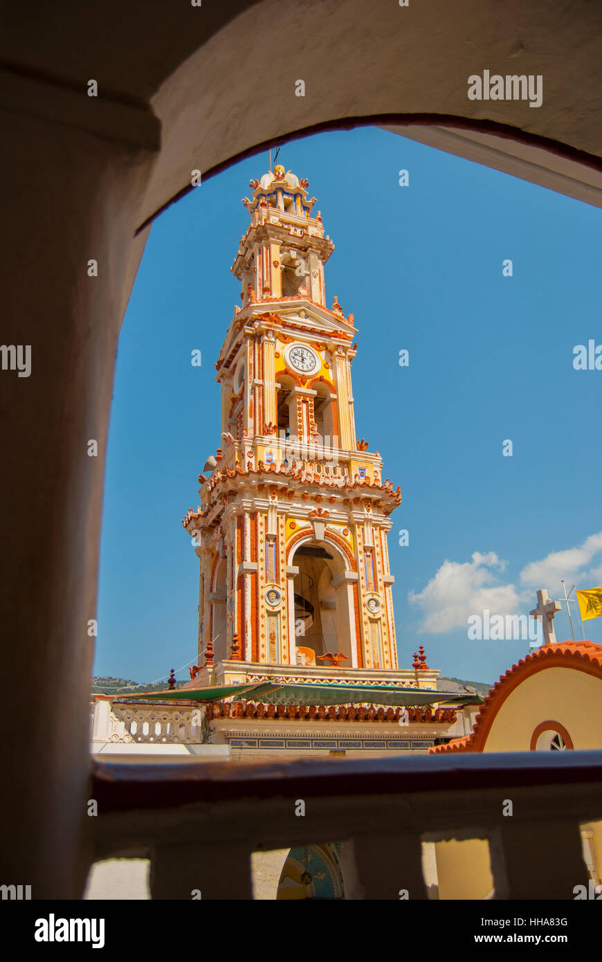 CHurch tower of monastery of the Archangel Michael Panormitis on the island of symi greece Stock Photo