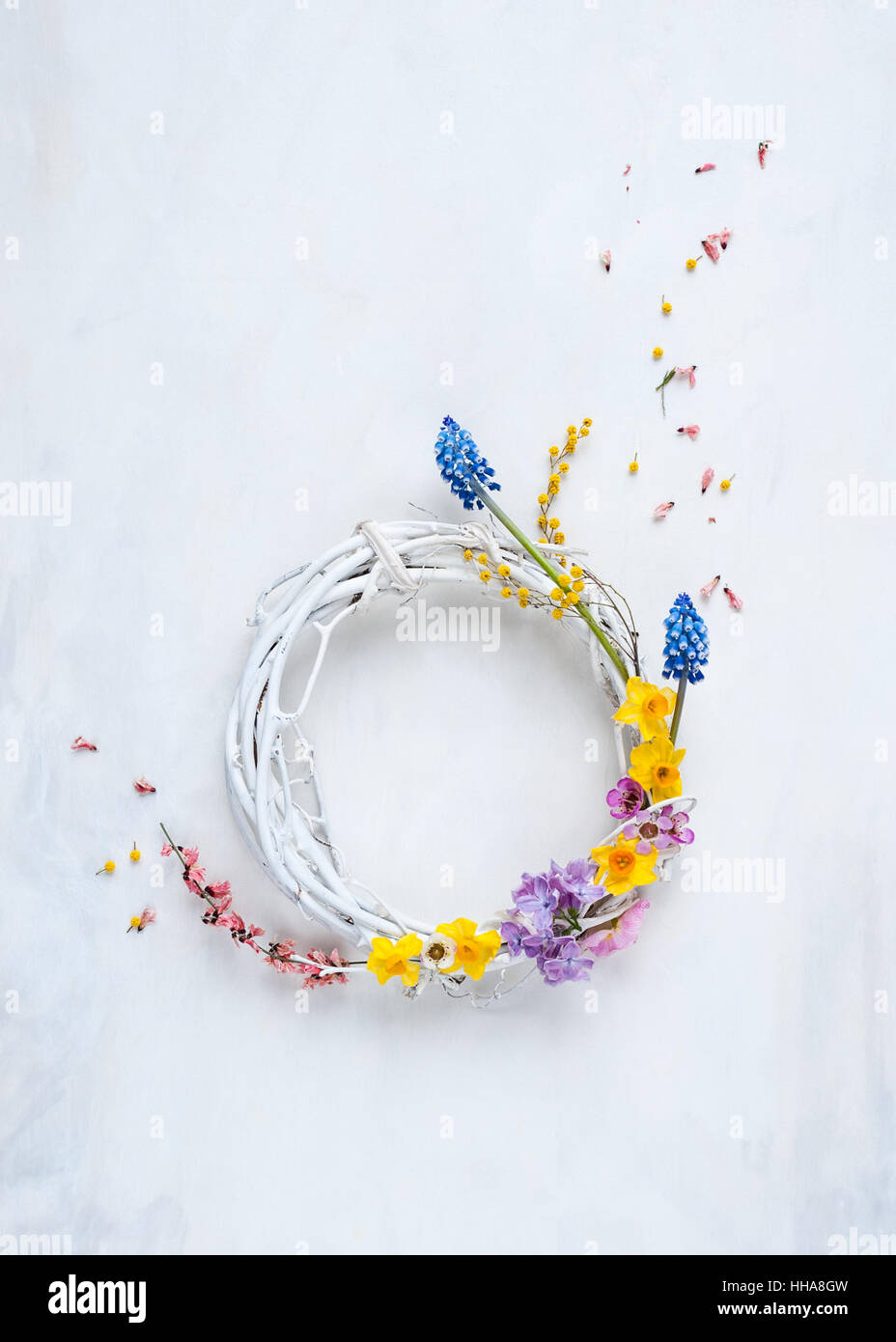 white willow wr eath with spring flowers Stock Photo