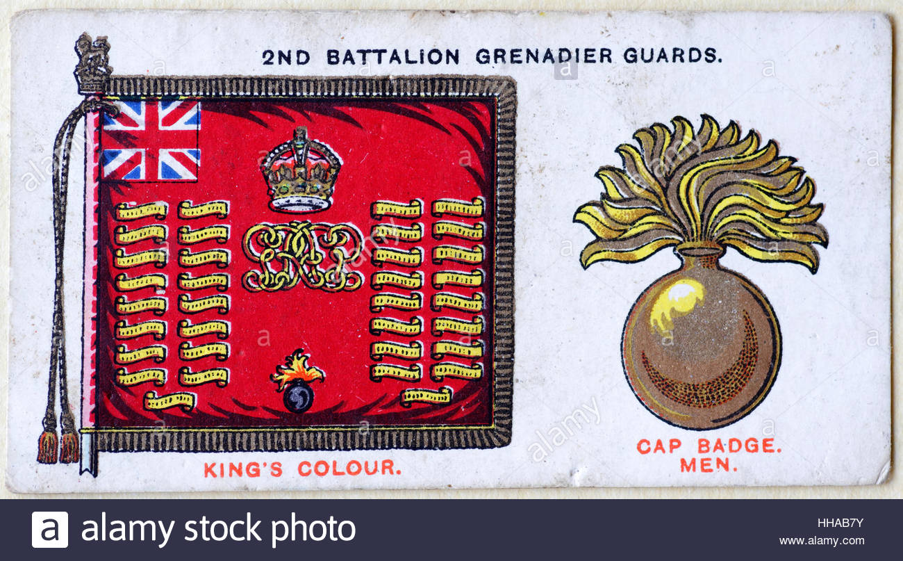 2nd Battalion Grenadier Guards regimental standard and cap badge Stock Photo
