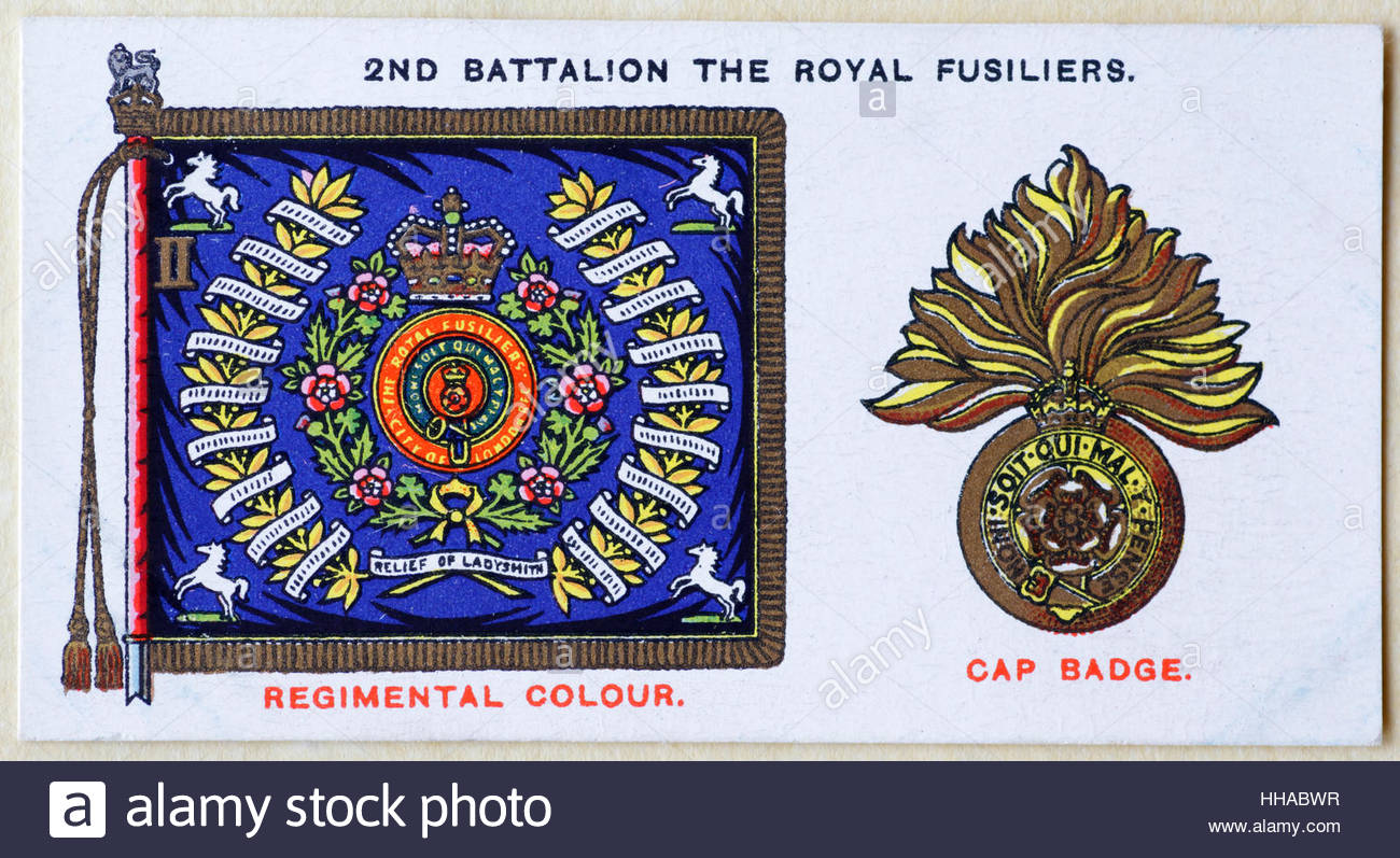 2nd Battalion The Royal Fusiliers regimental standard and cap badge Stock Photo