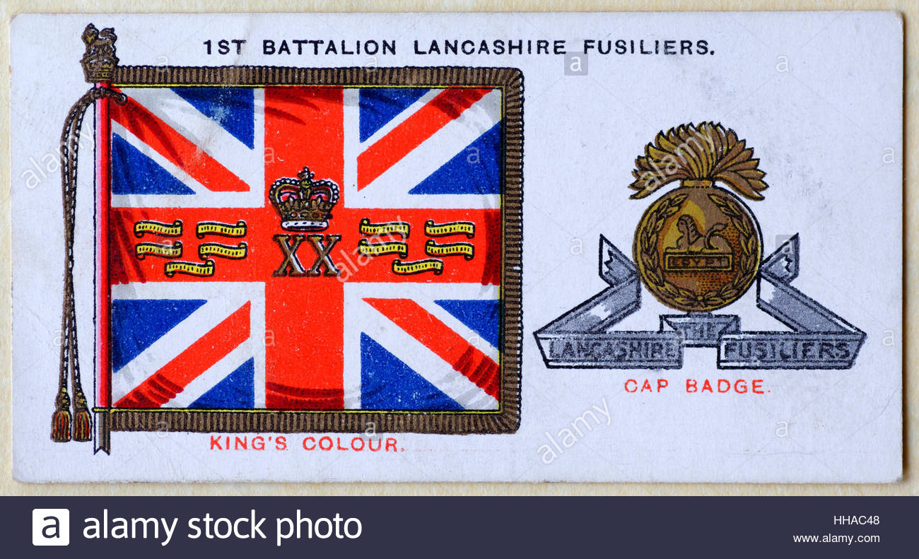 1st Battalion Lancashire Fusiliers regimental standard and cap badge Stock Photo