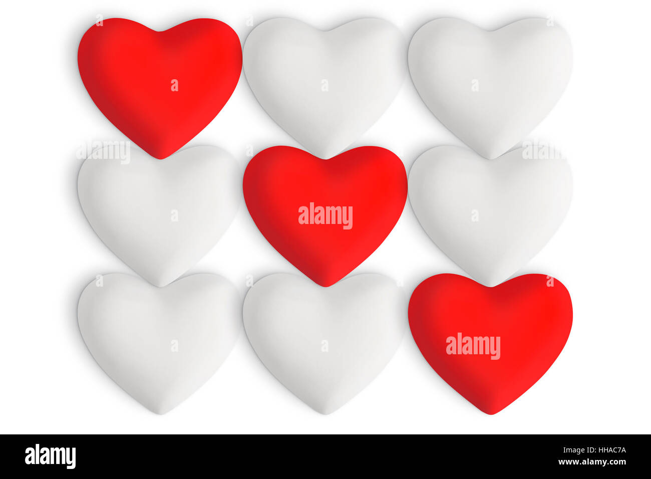 White love hearts with red hearts in a straight row on a white