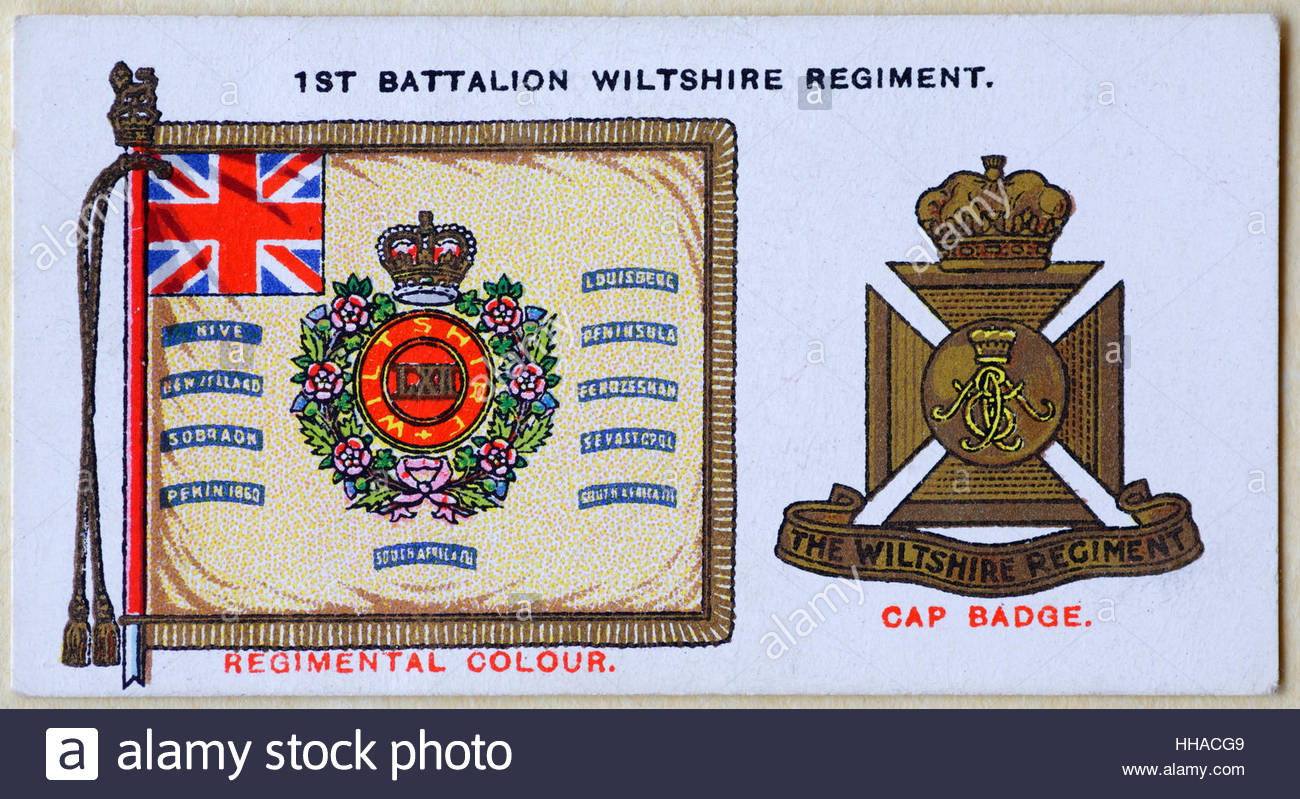 1st Battalion Wiltshire Regiment regimental standard and cap badge Stock Photo