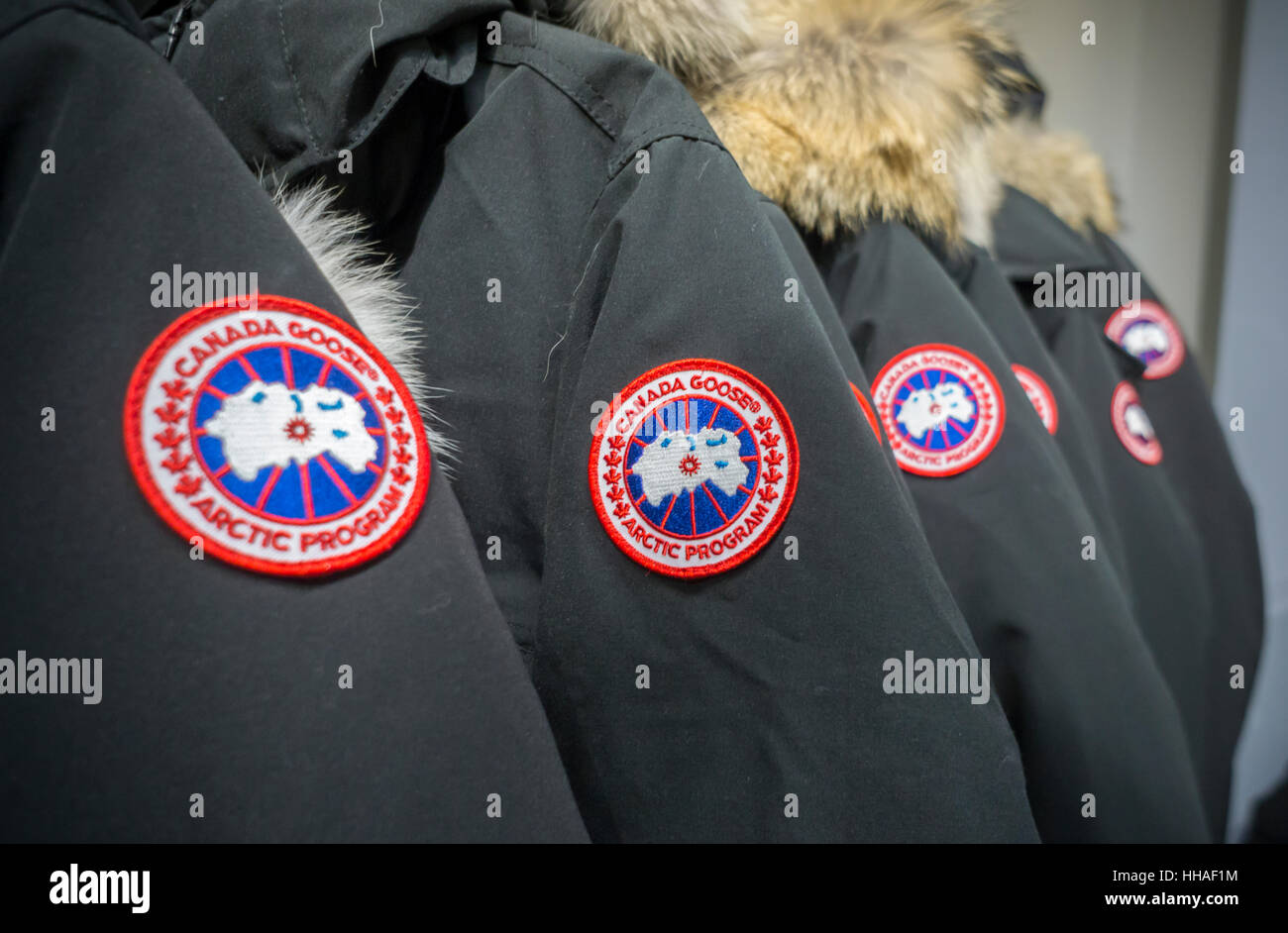 Canada Goose brand parkas in a store in New York on Saturday, January 14,  2017. Canada Goose is reported to be planning an initial public offering  for either February or March. The